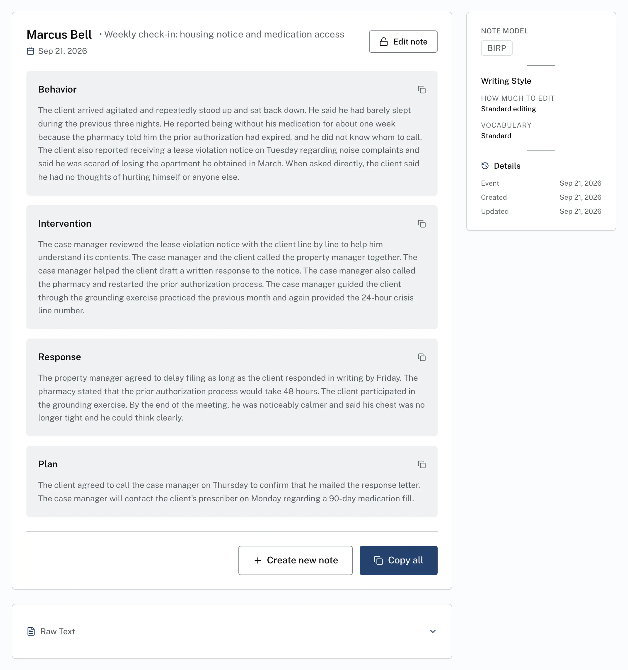 The same session after TryCaSIE structures it, shown in BIRP format with Behavior, Intervention, Response, and Plan sections written in professional case-note prose.